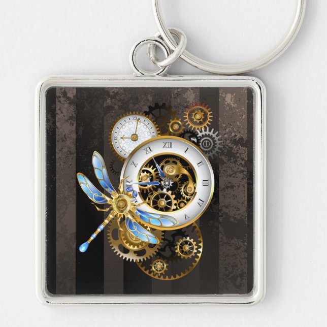 Steampunk Clock med mekanisk Dragonfly Fyrkantig Silverfärgad Nyckelring (Framsidan)
