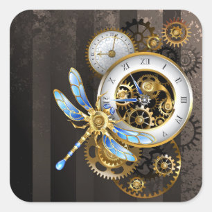 Steampunk Clock med mekanisk Dragonfly Fyrkantigt Klistermärke