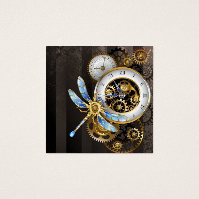 Steampunk Clock med mekanisk Dragonfly Fyrkantigt Visitkort (Framsida)