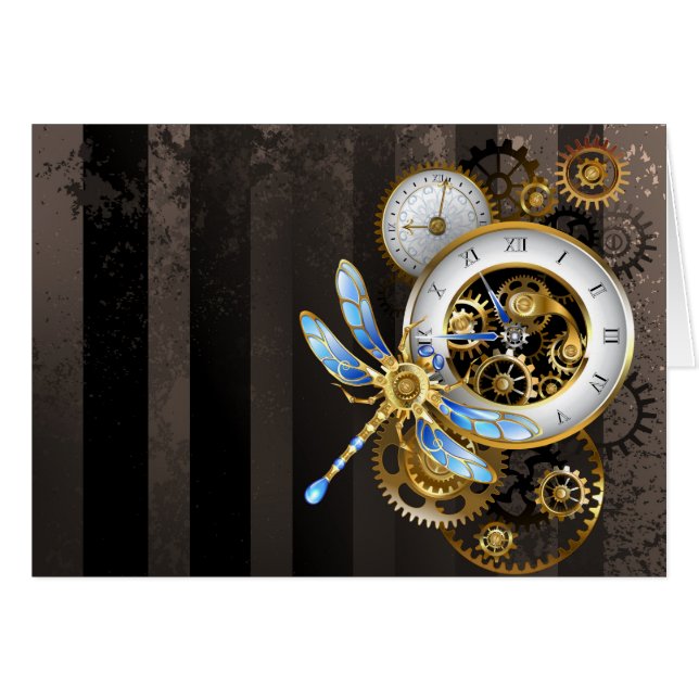 Steampunk Clock med mekanisk Dragonfly Hälsningskort (Framsidan Horizontal)