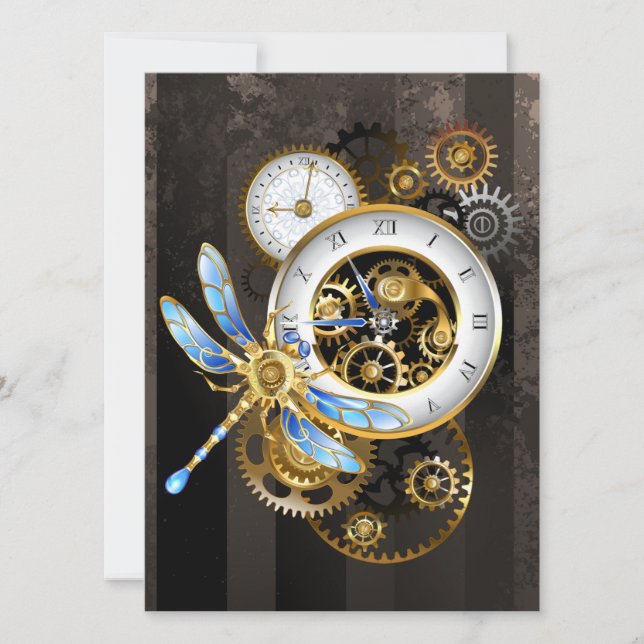Steampunk Clock med mekanisk Dragonfly Inbjudningar (Framsida)