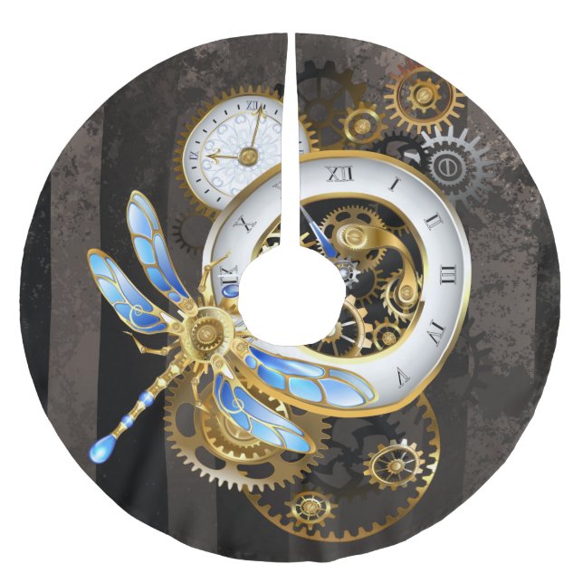 Steampunk Clock med mekanisk Dragonfly Julgransmatta Borstad Polyester (Framsidan)