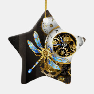 Steampunk Clock med mekanisk Dragonfly Julgransprydnad Keramik