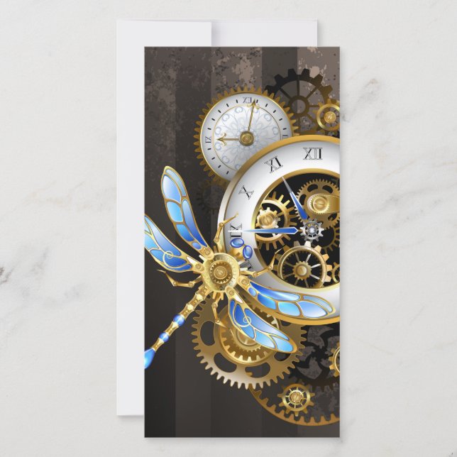 Steampunk Clock med mekanisk Dragonfly Julkort (Framsida)