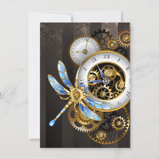 Steampunk Clock med mekanisk Dragonfly Julkort (Framsida)