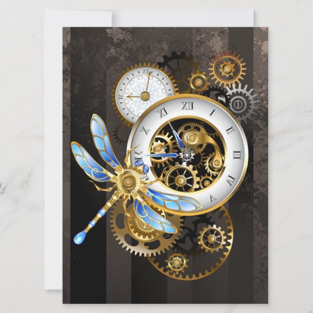 Steampunk Clock med mekanisk Dragonfly Julkort (Framsida)