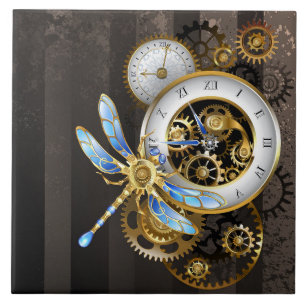 Steampunk Clock med mekanisk Dragonfly Kakelplatta