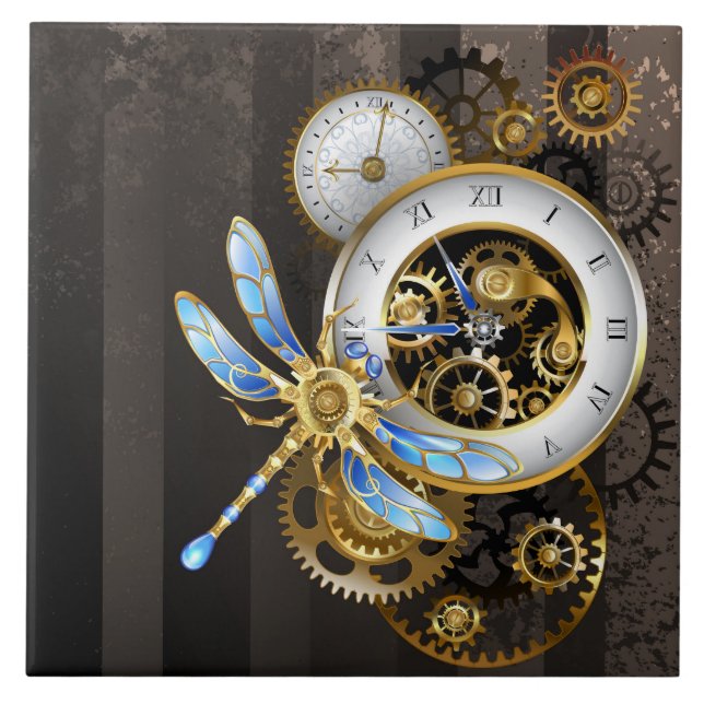 Steampunk Clock med mekanisk Dragonfly Kakelplatta (Framsidan)