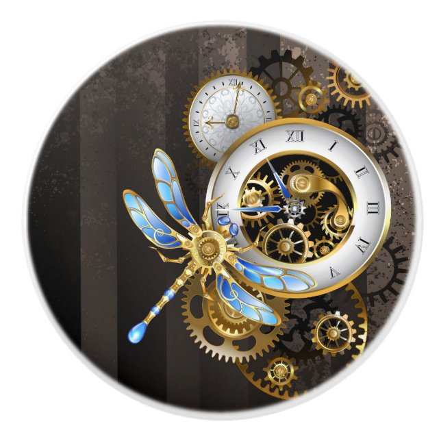Steampunk Clock med mekanisk Dragonfly Knopp (Framsidan)