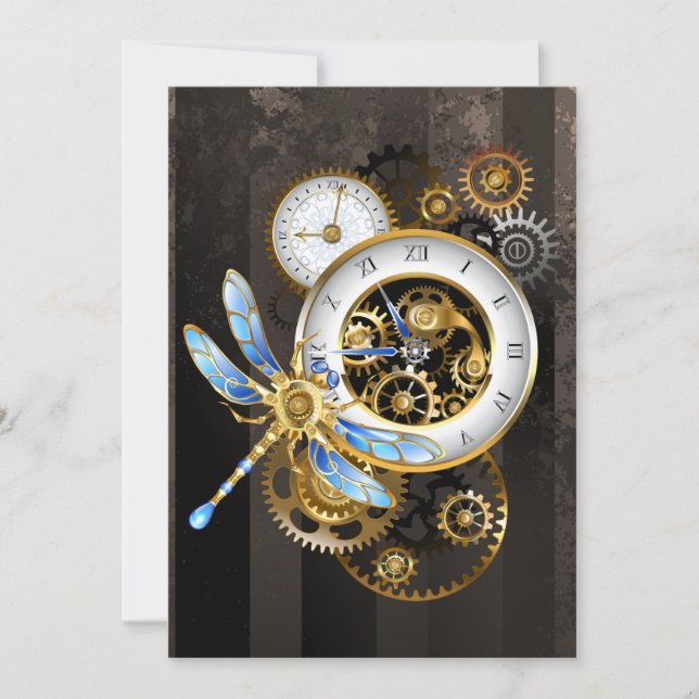 Steampunk Clock med mekanisk Dragonfly Kort (Framsida)