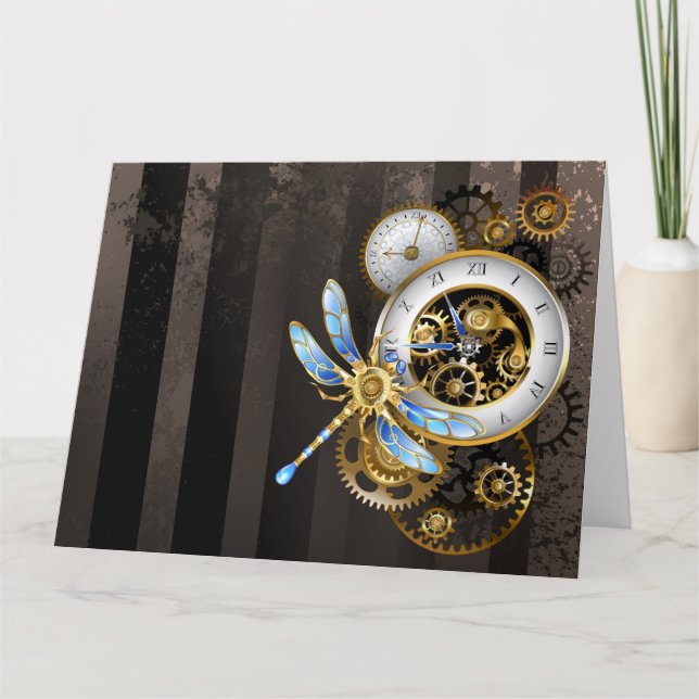 Steampunk Clock med mekanisk Dragonfly Kort (Framsida)