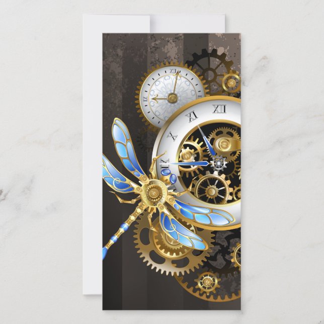 Steampunk Clock med mekanisk Dragonfly Kort (Framsida)