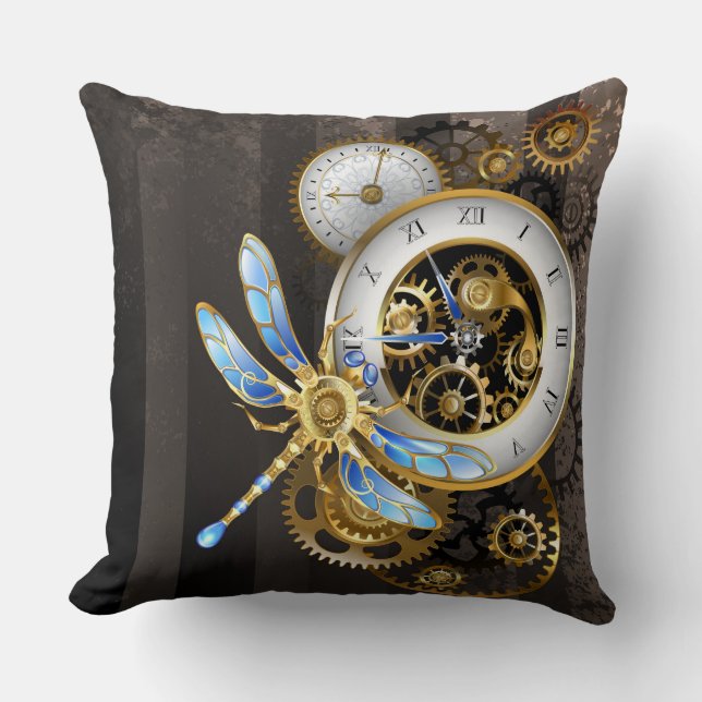 Steampunk Clock med mekanisk Dragonfly Kudde (Framsida)