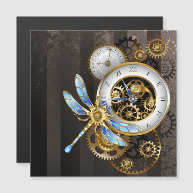 Steampunk Clock med mekanisk Dragonfly Magnetisk Inbjudningskort (Fram/baksida)