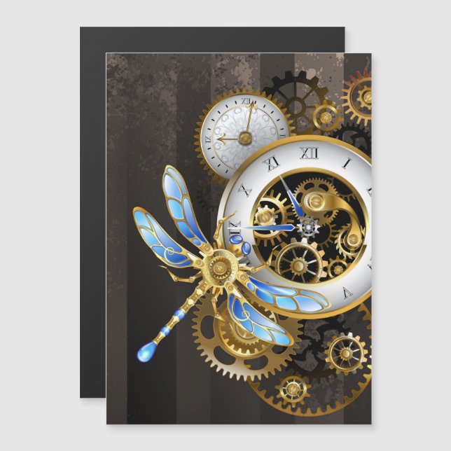 Steampunk Clock med mekanisk Dragonfly Magnetisk Inbjudningskort (Fram/baksida)