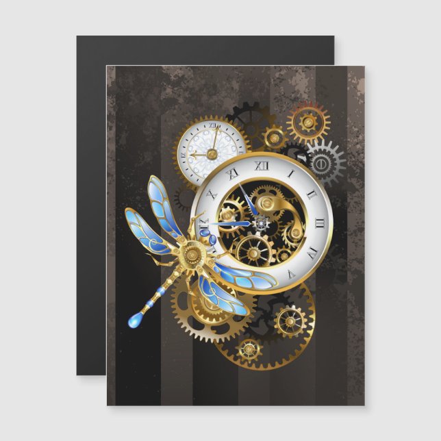 Steampunk Clock med mekanisk Dragonfly Magnetisk Inbjudningskort (Fram/baksida)