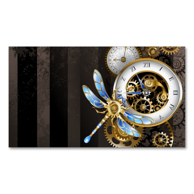 Steampunk Clock med mekanisk Dragonfly Magnetiska Visitkort (Framsida)