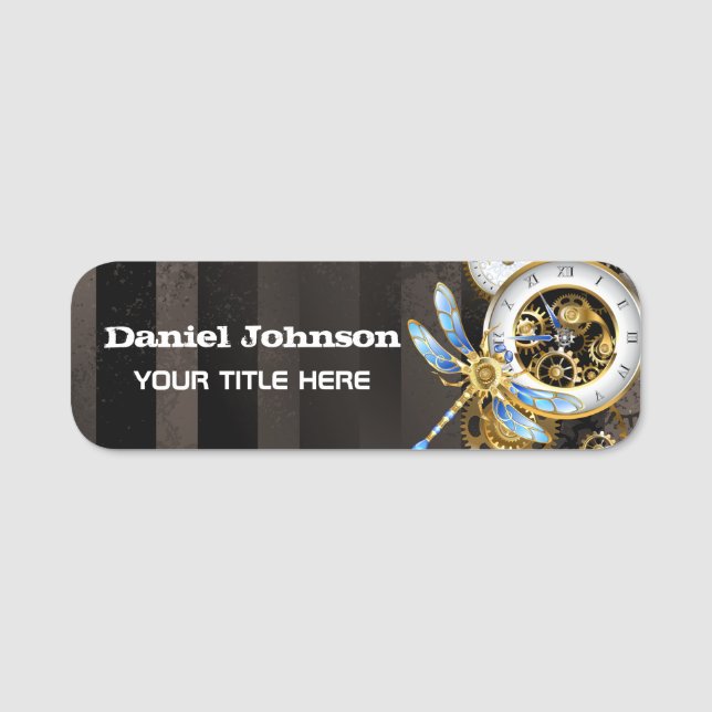 Steampunk Clock med mekanisk Dragonfly Namnbricka (Framsida)