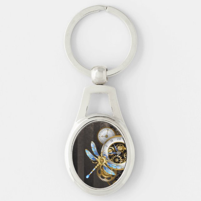 Steampunk Clock med mekanisk Dragonfly Ovalt Silverfärgad Nyckelring (Framsidan)