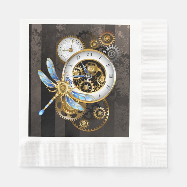 Steampunk Clock med mekanisk Dragonfly Pappersservett (Framsidan)
