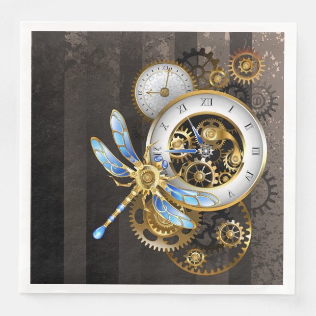 Steampunk Clock med mekanisk Dragonfly Pappersservett (Framsida)