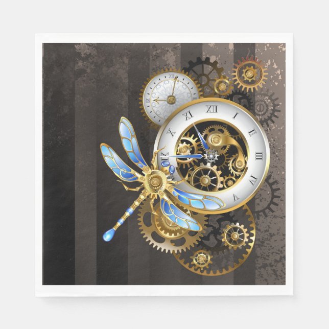 Steampunk Clock med mekanisk Dragonfly Pappersservett (Framsidan)