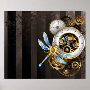 Steampunk Clock med mekanisk Dragonfly Poster