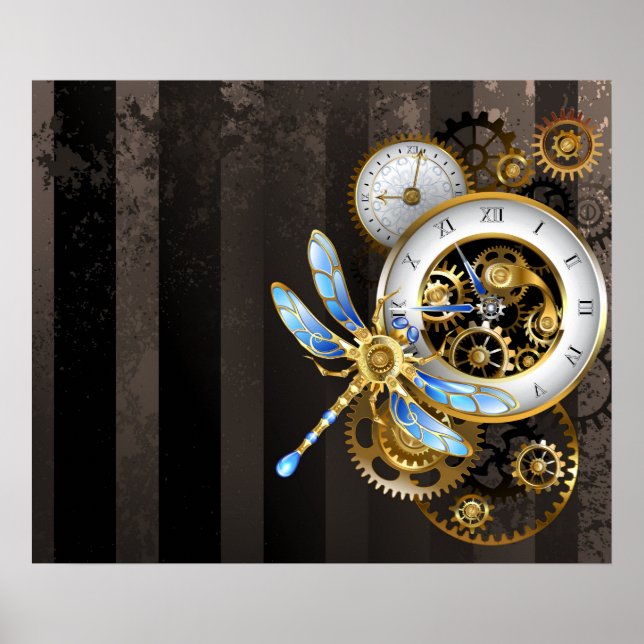 Steampunk Clock med mekanisk Dragonfly Poster (Framsidan)