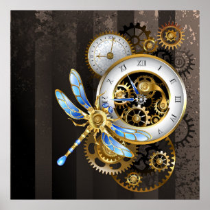Steampunk Clock med mekanisk Dragonfly Poster