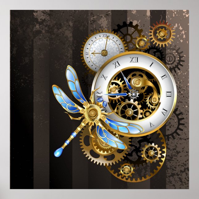 Steampunk Clock med mekanisk Dragonfly Poster (Framsidan)