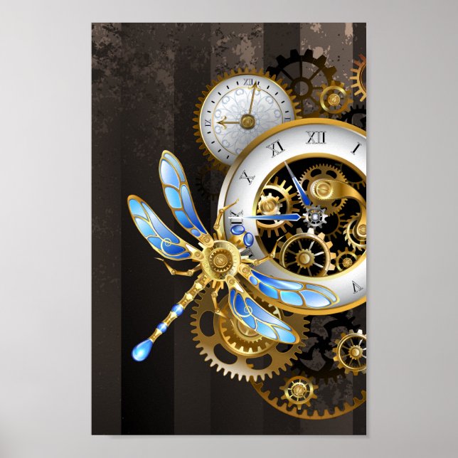 Steampunk Clock med mekanisk Dragonfly Poster (Framsidan)