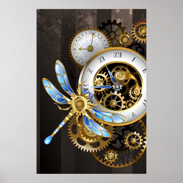 Steampunk Clock med mekanisk Dragonfly Poster (Framsidan)