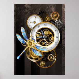 Steampunk Clock med mekanisk Dragonfly Poster