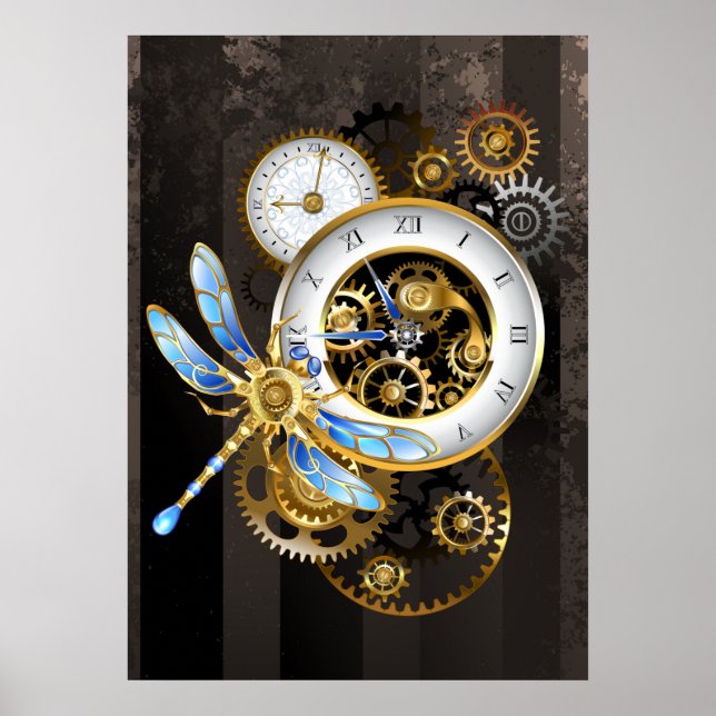 Steampunk Clock med mekanisk Dragonfly Poster (Framsidan)