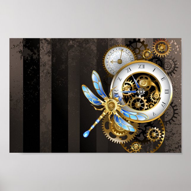 Steampunk Clock med mekanisk Dragonfly Poster (Framsidan)