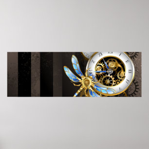 Steampunk Clock med mekanisk Dragonfly Poster