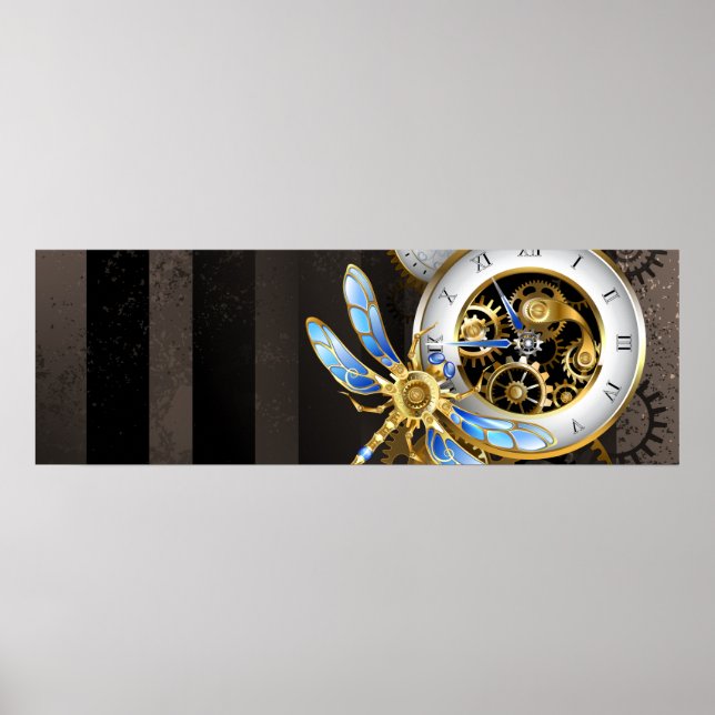 Steampunk Clock med mekanisk Dragonfly Poster (Framsidan)