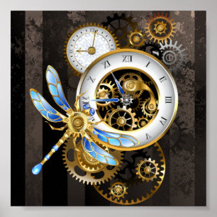 Steampunk Clock med mekanisk Dragonfly Poster