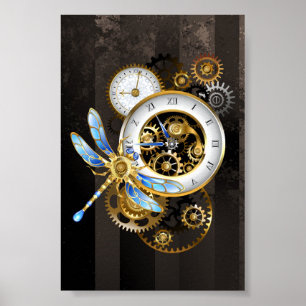 Steampunk Clock med mekanisk Dragonfly Poster