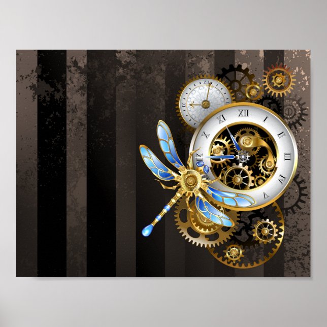 Steampunk Clock med mekanisk Dragonfly Poster (Framsidan)