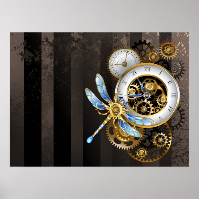 Steampunk Clock med mekanisk Dragonfly Poster (Framsidan)