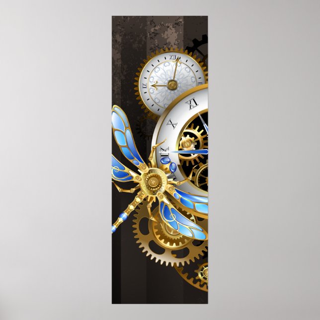 Steampunk Clock med mekanisk Dragonfly Poster (Framsidan)