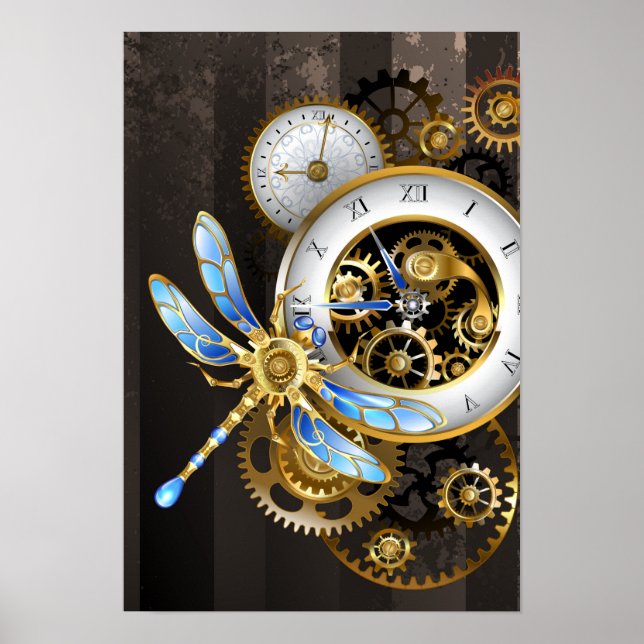 Steampunk Clock med mekanisk Dragonfly Poster (Framsidan)