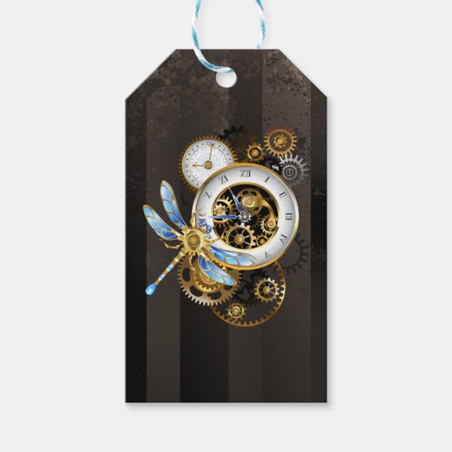Steampunk Clock med mekanisk Dragonfly Presentetikett (Framsidan)
