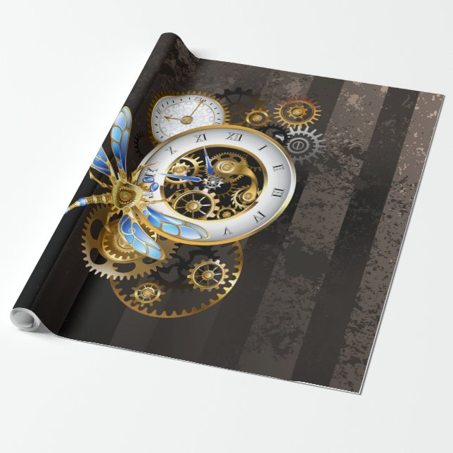 Steampunk Clock med mekanisk Dragonfly Presentpapper (Utrullad)