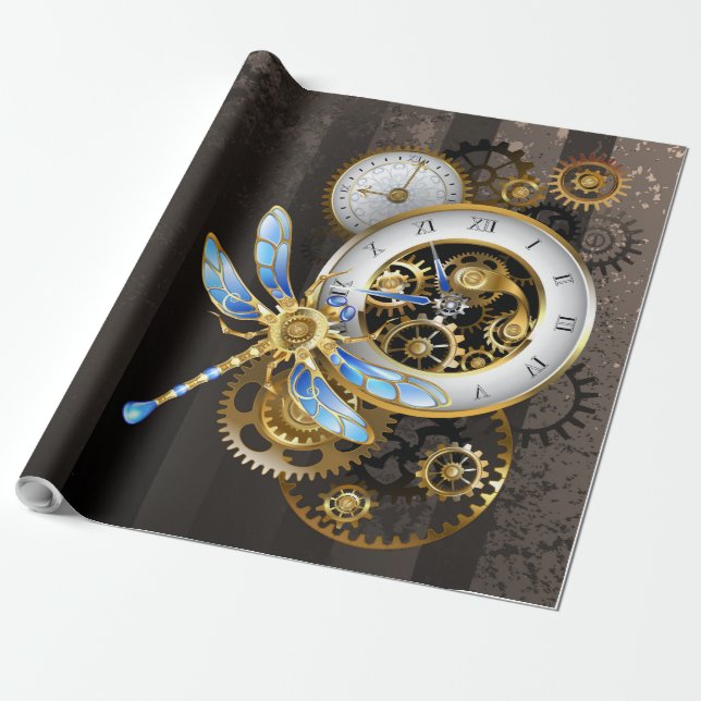 Steampunk Clock med mekanisk Dragonfly Presentpapper (Utrullad)