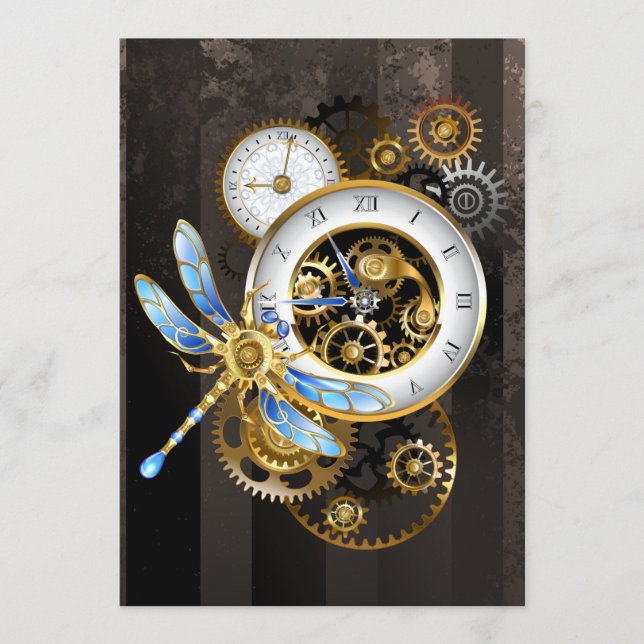 Steampunk Clock med mekanisk Dragonfly Rådkort (Framsida)
