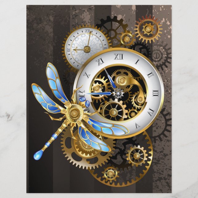 Steampunk Clock med mekanisk Dragonfly Reklamblad (Framsidan)