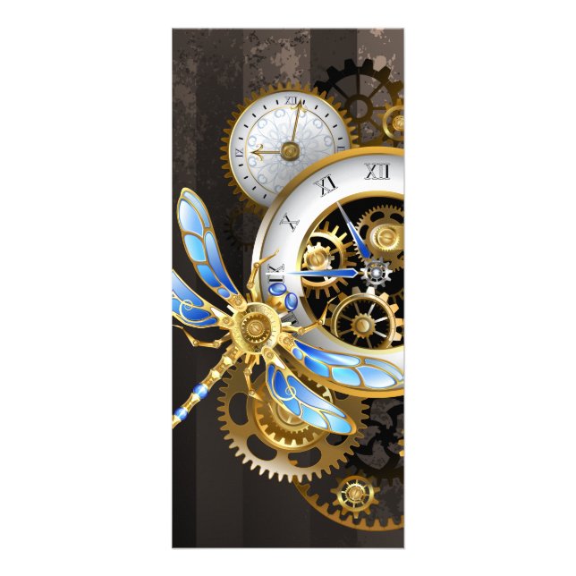 Steampunk Clock med mekanisk Dragonfly Reklamkort (Framsidan)