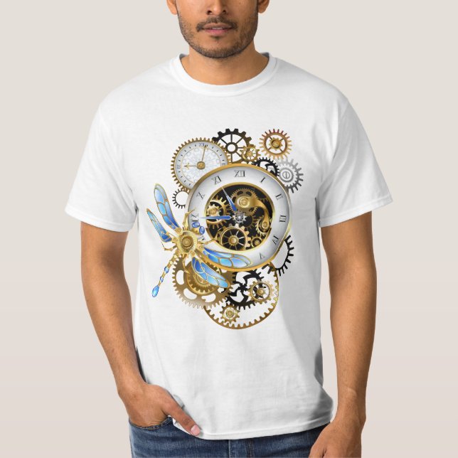 Steampunk Clock med mekanisk Dragonfly T Shirt (Framsida)